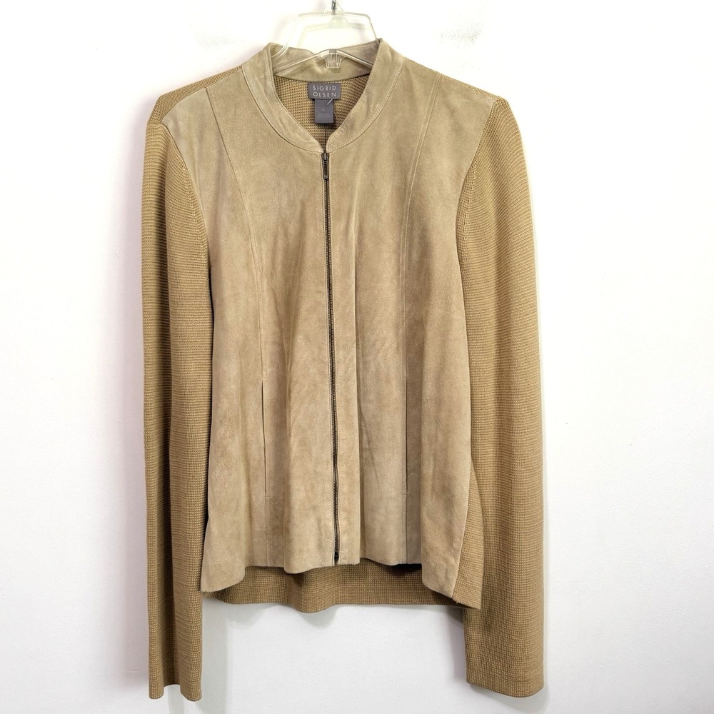 Sigrid Olsen Leather Front Knit Jacket XL Zip Front Silk Cotton Camel Tan NEW